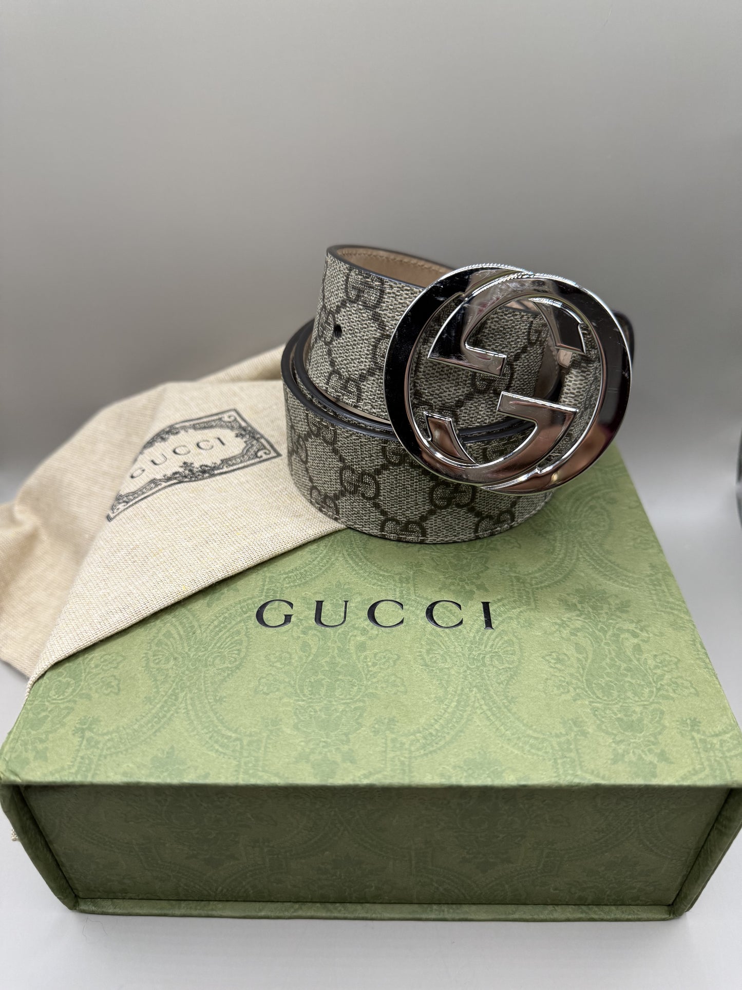 Gucci Monogram Belt with Silver Interlocking GG Logo – 85cm